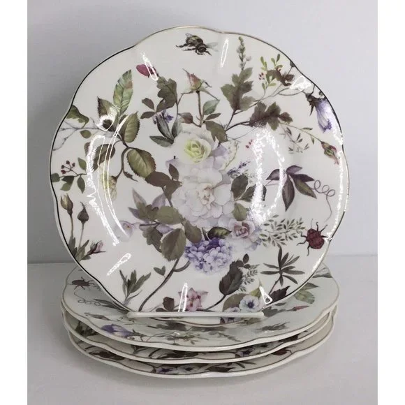 4 Salad Plates Stechcol Gracie Bone China Coastline WhitePurple7 1/2" New